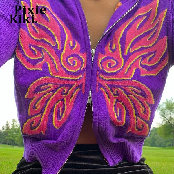

women's knits & tees pixiekiki fairy grunge purple butterfly zip up cropped cardigan hoodie knit long sleeve sweater vintage womens jac, White