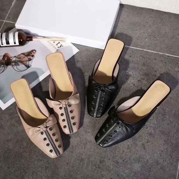 

slippers women slides rivet butterfly knot decor solid color female low heel summer spring breathable, Black