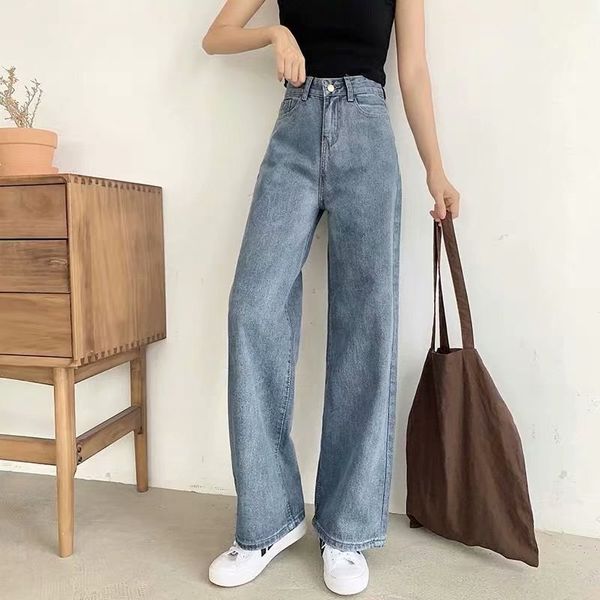 

women high tail vertical jeans korean style trendy losse all-match straight drowning denim white pipe broek, Blue