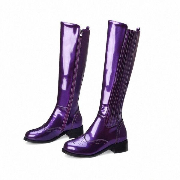 

us4-11 womens round toe carved knee high thigh boots chunky heel patent leather side zipper shoes oxfords plus size 3color a1631 c0wb#, Black