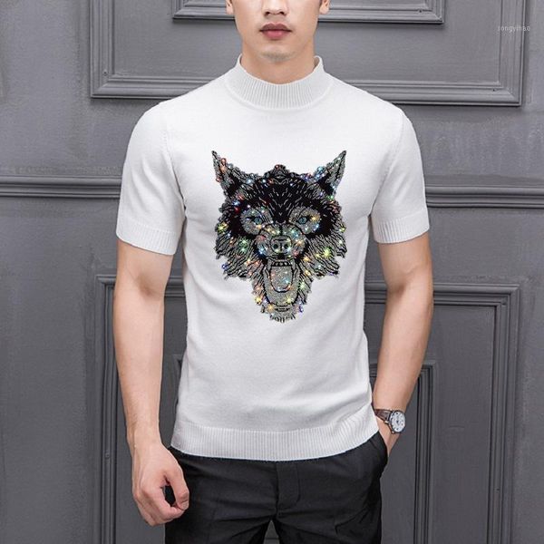 

men's sweaters youth knitted t-shirt spring and summer custom sweater diamond shiny trend cashmere short-sleeved slim fit, White;black