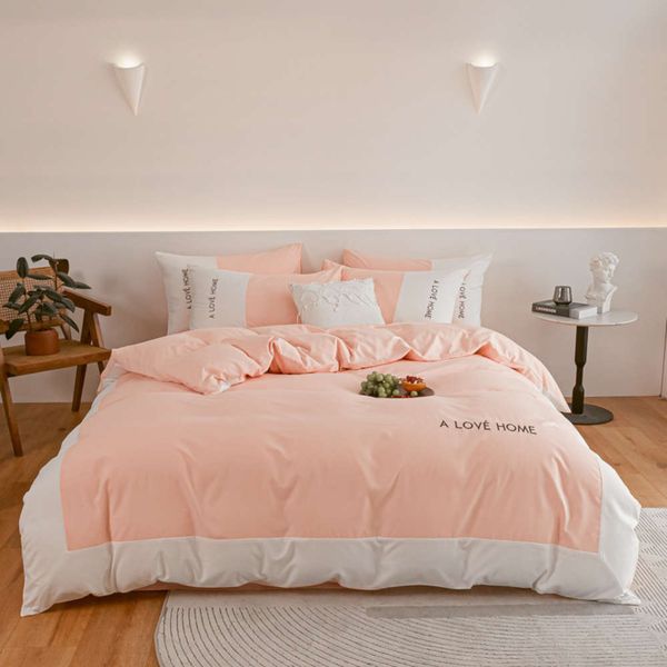 

new solid color double loka cotton 4-piece set, simple skin friendly fitted sheet 3-piece quilt cover