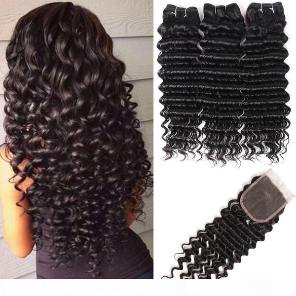

deep wave hair human hair bundles with closure part 3 bundles with 4*4 swice lace closure peruvian human hair extensions hcdiva, Black