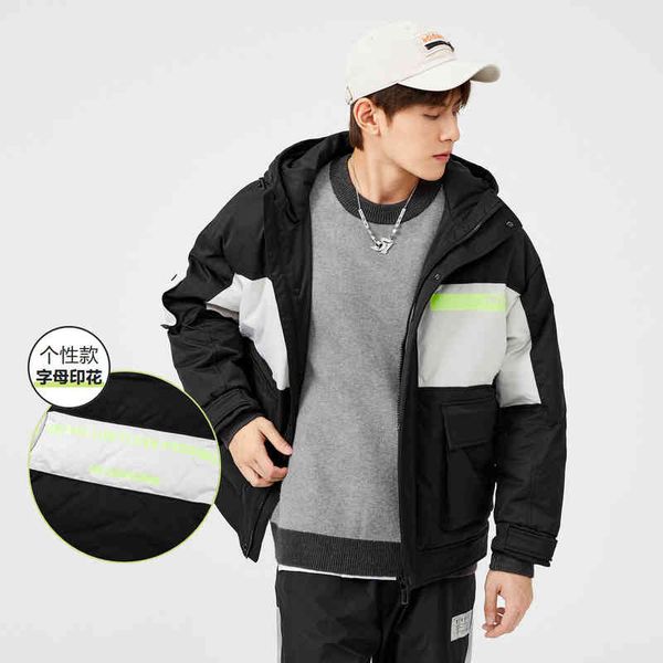 

2021 winter new contrast color trend men's jacket warm hooded thickened letter printed down jacket men's, Black