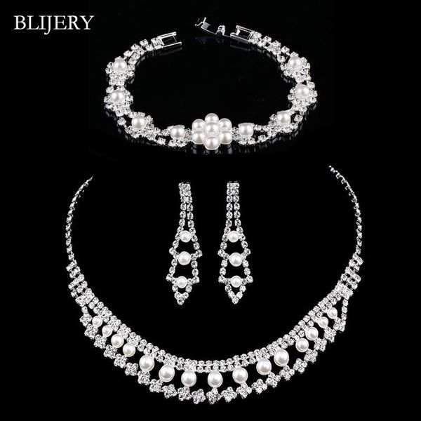 

earrings & necklace blijery fashion simulated pearl bridal jewelry sets crystal floral choker bracelet party wedding, Silver