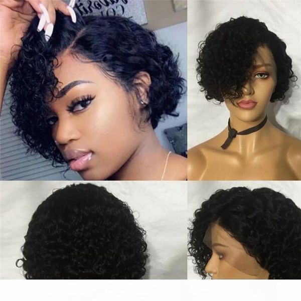 

100% human hair short pixie cut wigs natural black color 150% density short bob lace front wigs curly virgin brazilian lace wig, Black;brown