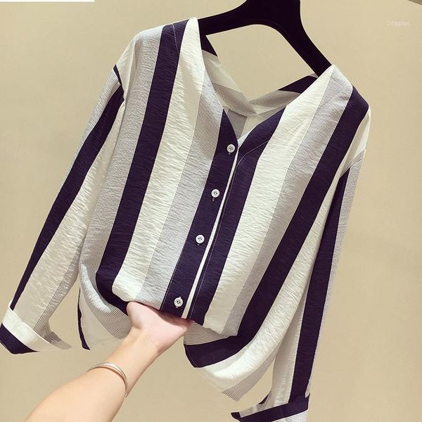 

women's blouses & shirts vertical stripe shirt long sleeve loose autumn fresh v-neck [delivery within 10 days], White