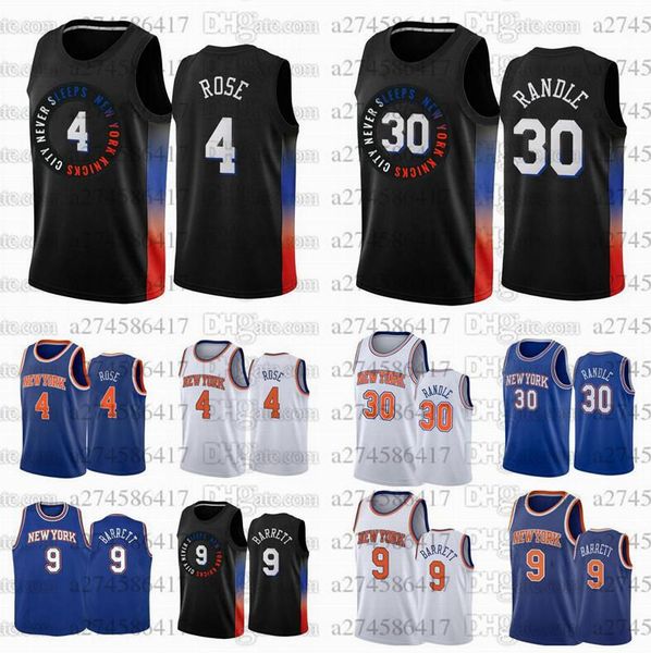 

men women and youth new york knicks 4 derrick rose 30 julius randle 9 barrett 2020-21 black white and blue city jersey, Black;red
