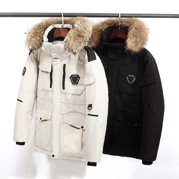 

2021 new mens solid color down hooded jacket winter soft comfortable windproof men warm fashion fur collar coats, Black