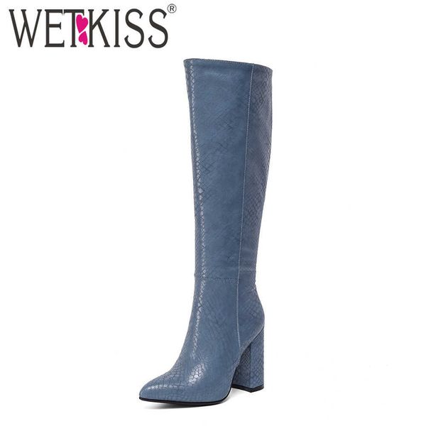 

wetkiss knee high boots women snakeskin pu pointed toe boots thick high heels zipper winter boots warm big size 34-43 210630, Black