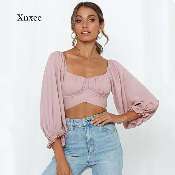 

women's blouses & shirts fall backless bandage square neck solid color shirt fashion lantern sleeve slim pullover blouse blusas, White