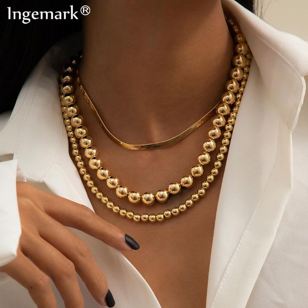 

pendant necklaces 3pcs/set vintage flat filmy snake chain necklace collar punk big acrylic ccb beaded soft link choker men neck jewelry, Silver