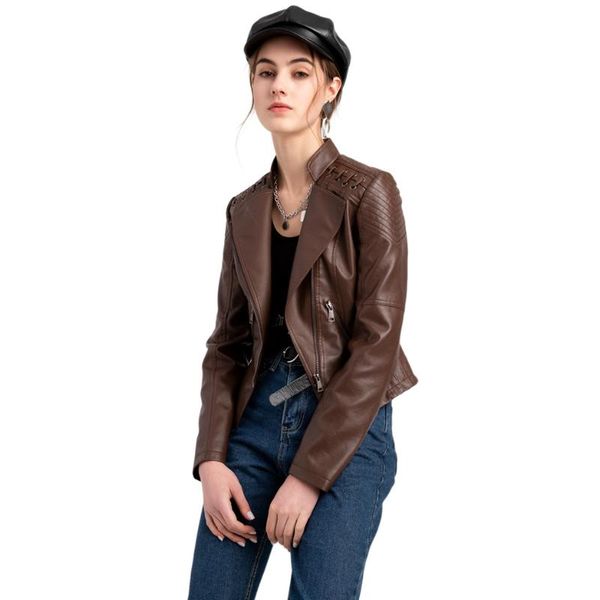 

women's jackets 2021 spring and autumn womens faux leather short jacket zipper windbreaker outwear motorcycle, Black;brown