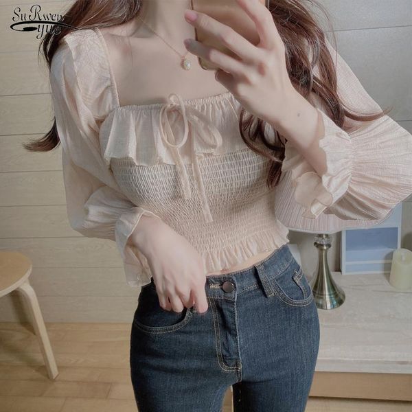 

elegant slim waist ruffles female blouse vintage square collar sleeve women blouse shirts white blusas 10094