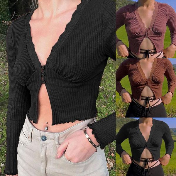 

women's t-shirt fashion women sweet deep v-neck lace trim crop slit long sleeve brown t-shirts vintage 90s aesthetics top, White