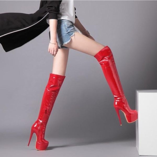 

boots thigh high for women platform fetish shoes lady heels over the knee red white leather winter long, Black