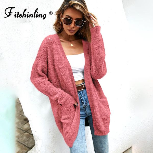 

women's knits & tees fitshinling fuzzy hairy long cardigan female coat winter pockets slim boho jacket knitwear hollow out solid fashio, White