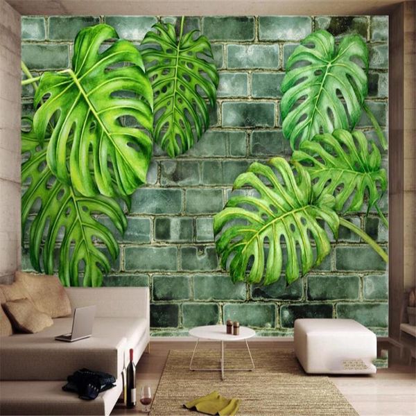 

wallpapers milofi custom 3d wallpaper mural nordic plant green leaf brick wall background used for living room bedroom decoration
