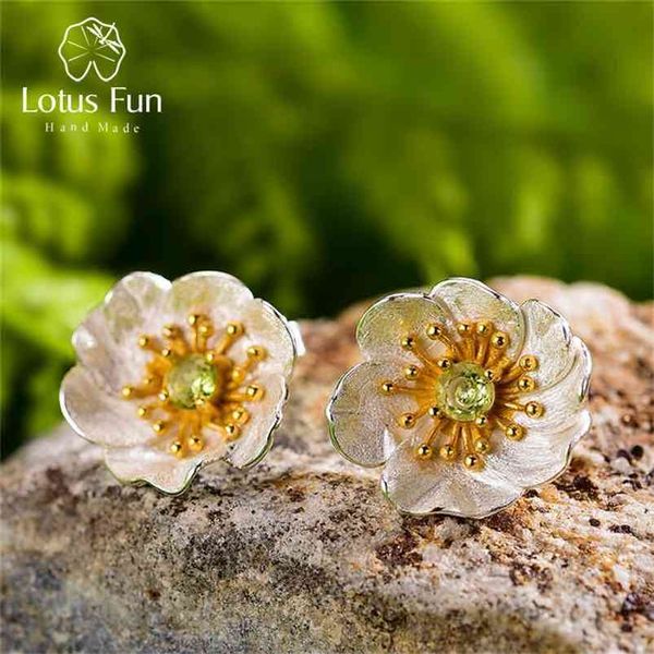 

lotus fun 18k gold blooming anemone flower stud earrings real 925 sterling silver handmade fine jewelry for women gift 210628, Golden;silver