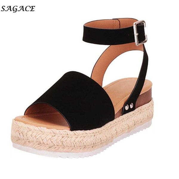 

sandals sagace shoes women pu buckle strap summer ladies 5cm heel height wedges roman ankle party, Black
