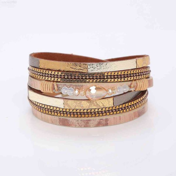 

luxury women's fashion temperament hand decoration multi-layer leather water drop crystal diamond inlaid magnetic buckle designer jewel, Golden;silver