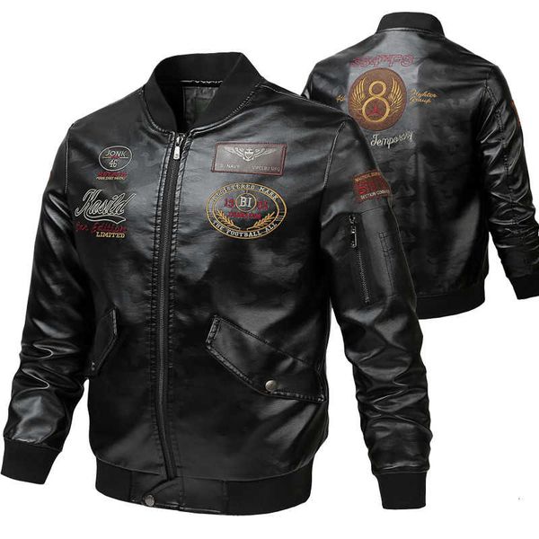 

new men leather jacket embroidered outwear pilot flight slim fit jackets autumn winter fleece jacket warm motorcycle coats, Black;brown
