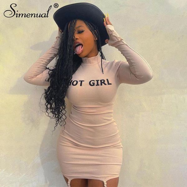

simenual ribbed letter print garter mini dresses long sleeve women spring fashion bodycon skinny midnight party dress hot, Black;gray