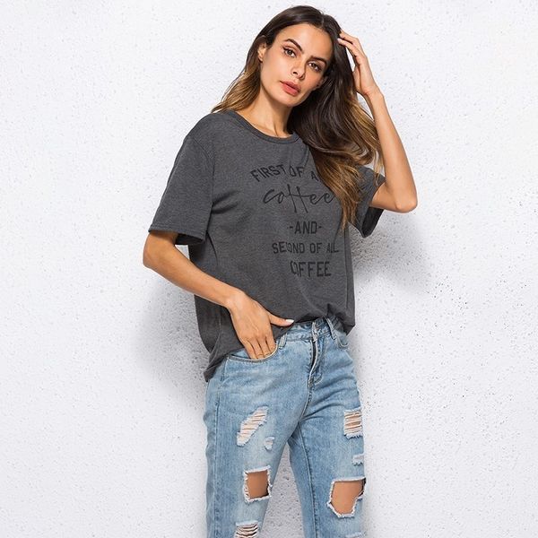 

salesummer women on casual teas black grey women's first coffee letters print t-shirt, White