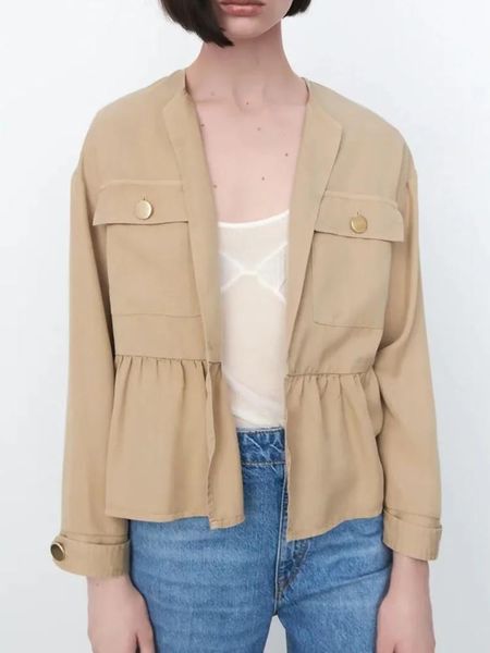 

women's jackets autumn women 2021 fashion open front ruffle jacket vintage round neck long sleeve button flounced hem chic female, Black;brown