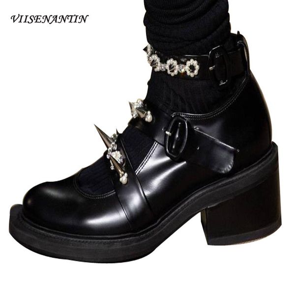 

dress shoes mary jane pearl rivet leather platform women all-match ankle buckle strap thick heel spring and autumn black white pumps