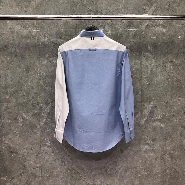 

men's casual shirts 2021 fashion brand men slim white blue patchwork long sleeve shirt turn down collar oxford clothing, White;black