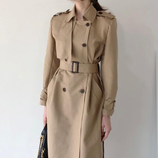 

women's trench coats windbreaker retro british style spring autumn lapel double-breasted waist straight knee length jacket with belt, Tan;black