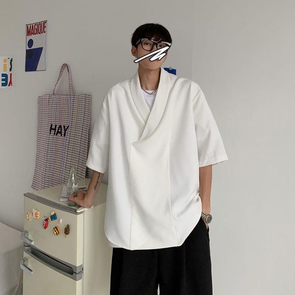 

men's casual shirts 2021 korean style summer oversized short sleeve loose fashion streetwear camisa masculina size -2xl, White;black
