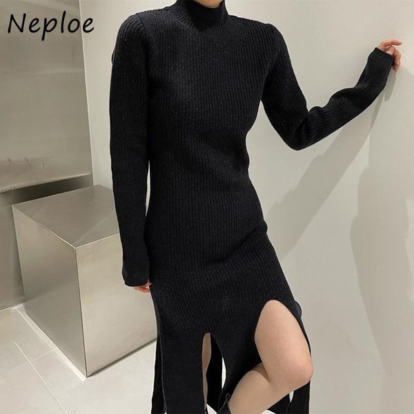 

casual dresses elegant temperament stand-up collar female robe knitted slim irregular slit sweater dress woman bottoming vestidos mujer, Black;gray