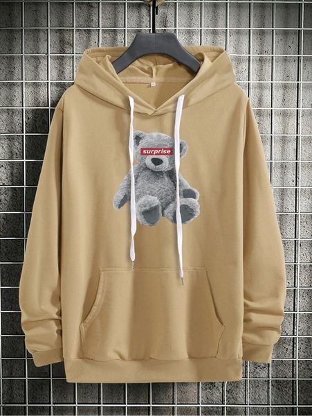 

men bear and letter graphic drawstring hoodie p3ul#, Black