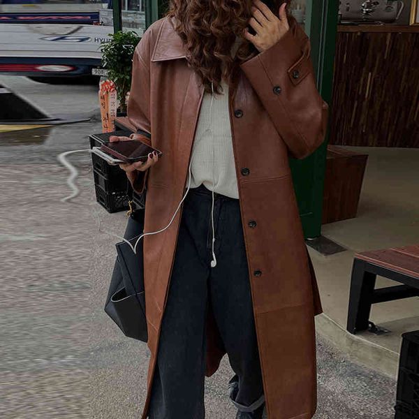 

women's leather & faux shengpalae streetwear pu trench coat autumn laple loose single breasted long sleeve windbreaker female 3kup, Black