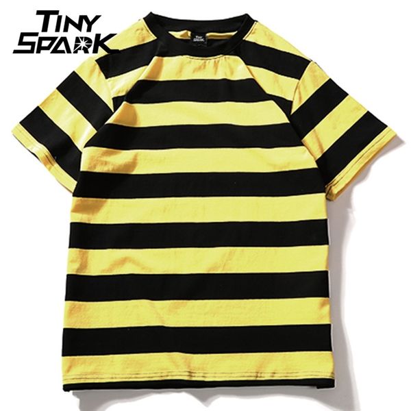 

yellow black red white striped t-shirt cotton vintage hip hop harajuku tee men women striped tshirt streetwear short sleeve 210317, White;black