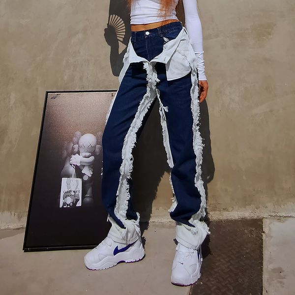 

casual patchwork tassel jeans for women high waist pockets turned streetwear pants female fashion new clothing fall, Black;white