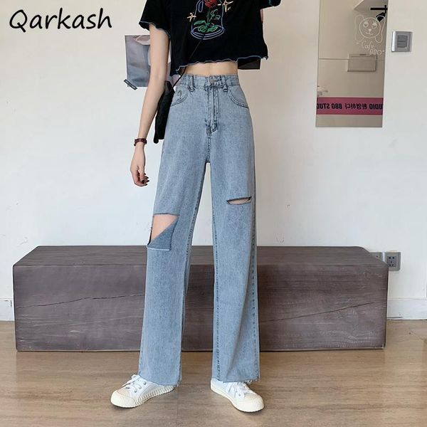 

women's jeans women high waist vintage ladies straight teens streetwear harajuku trouser all-match retro ins spring hole design fashion, Blue