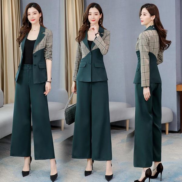 

women's two piece pants 2021 spring autumn women pieces suits lady blazer coat +long wide leg trousers patchwork sets, White