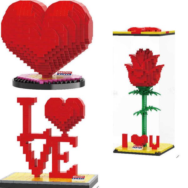 Micro Balody Lover Series Block Set Rotes Herz Rose Liebeswort Modell Baustein Spielzeug für Paare Valentinstag Geschenk Q0624