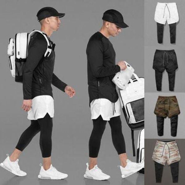 

2020 straight fitness high stretch capris fake two piece men's running fast dry pants, Black