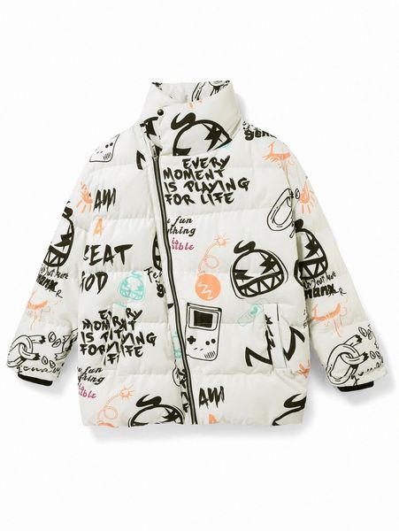 

men cartoon & slogan graphic drop shoulder puffer coat t33f#, Black;brown