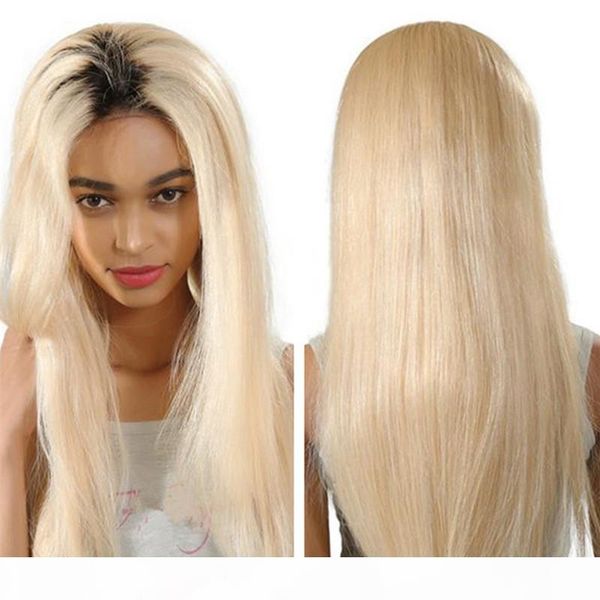 

fashion two tone human hair wigs straight 1bt60 platinum blonde ombre lace front wig black roots ing, Black;brown