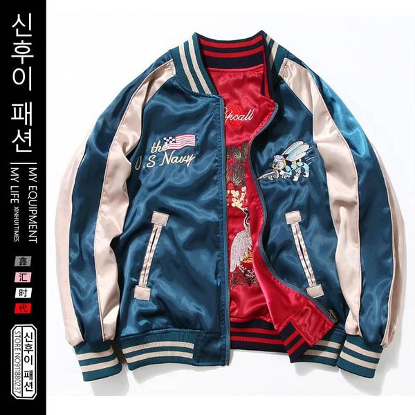 

men's jackets two sides wears embroidery spring autumn thin baseball jacket male chinese style handsome loose stand casual coats, Black;brown