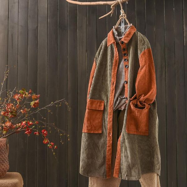 

women's trench coats 2021 autumn winter female literature art retro loose large size mid-long corduroy drawstring coat women overcoats, Tan;black