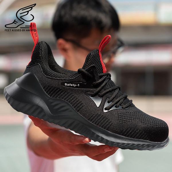 

boots men construction work shoes anti-smashing labor shoe puncture-proof safety boot summer mesh breathable deodorant wear-resistant, Black