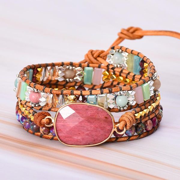 

beaded, strands leather wrap bracelet w/ stones multi color natural beads crystal weaving statement art gifts, Black