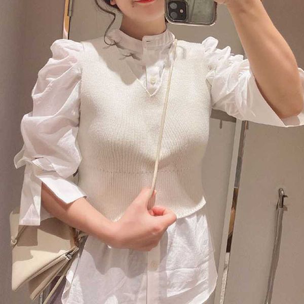 

ruffles puff sleeve design blusas office lady suit sweet solid woman shirts with knitted vest simple 2 piece set 210525, White