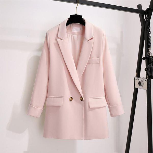 

clothing sets women elegant pink apricot blazer coat vintage notched collar pocket 2021 autumn fashion female casual chic, White